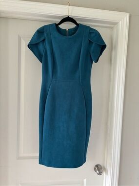 Calvin Klein Teal Midi Sheath Dress with Structured Cap Sleeves